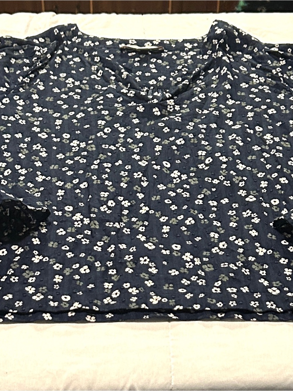 LOFT Womens Large Navy Blue Ditsy Floral Clip Dot Long Sleeve Blouse Top Cotton - Picture 1 of 12